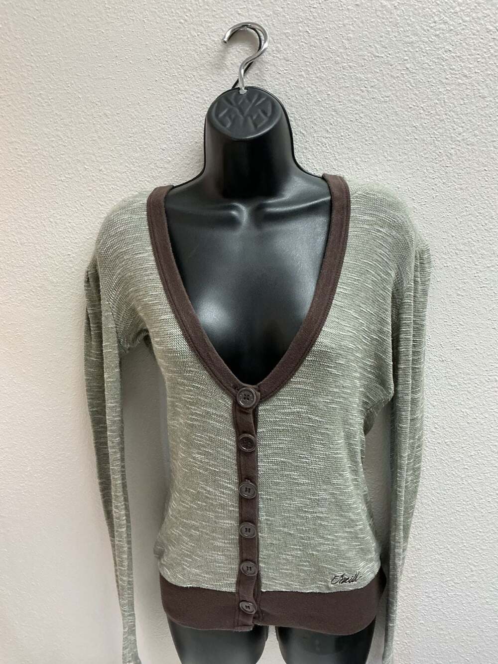 O'Neill Green Brown Marled Knit Button Front Long Sleeve Cardigan Sweater with H